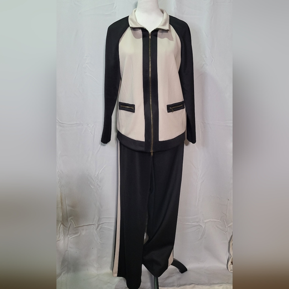 Monroe & Maine Women's Cream/Blk Colorblock Zip Up Tracksuit Athleisure Sz Large - Picture 2 of 12